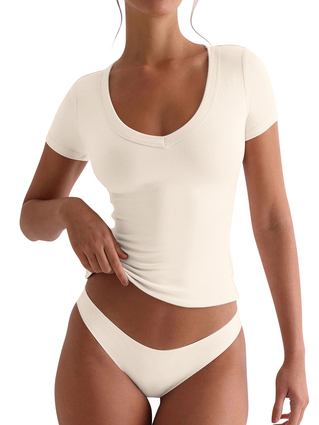 Damen figurbetontes V-Neck T-Shirt mit kurzen Ärmeln ModeGeist