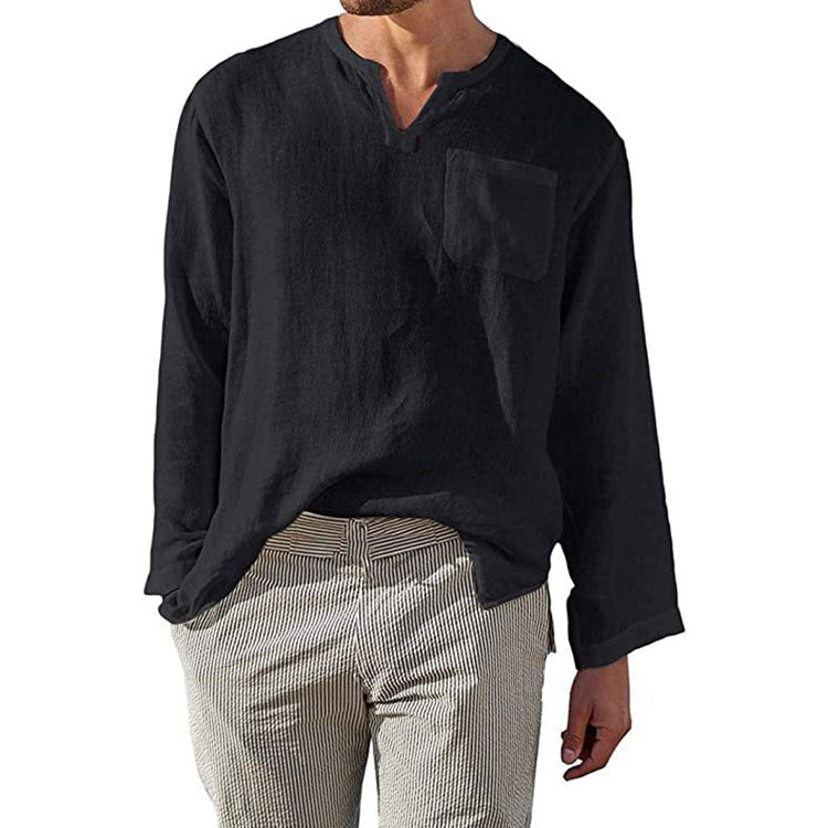 Herren Leinen Langarmshirt mit Henley-Ausschnitt und Brusttasche ModeGeist