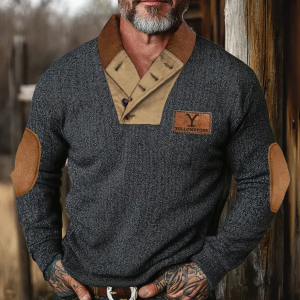 Herren modischer Pullover mit Kontrastkragen und Ellbogenpatches ModeGeist
