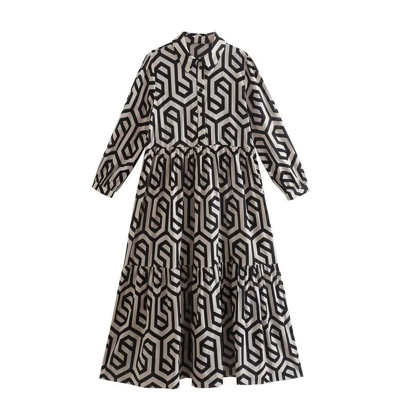 Modisches Hemdblusenkleid für Damen mit geometrischem Muster und weitem Saum