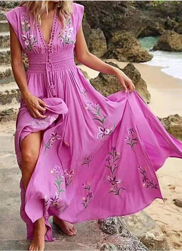 Langes Damenkleid mit Blumenmuster und dehnbarem Bund von MODEGEIST