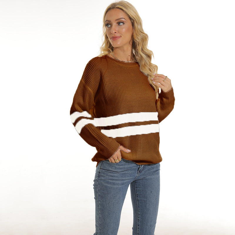 Damen Grobstrickpullover mit sportlichem Streifenmuster und lockerer Passform ModeGeist