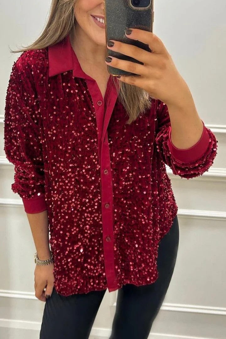 Damen Glitzernde Bluse aus Pailletten mit klassischem Kragen ModeGeist