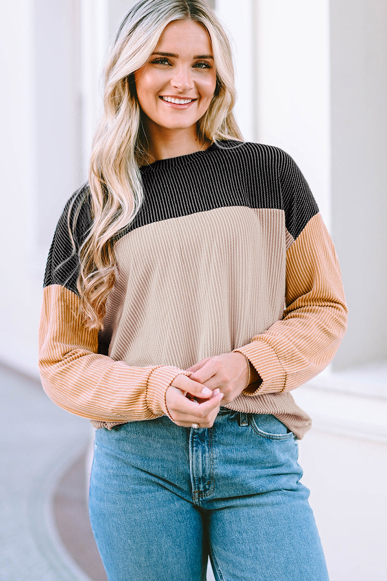Damen lässiger Pullover mit Rippstruktur und Farbblöcken ModeGeist