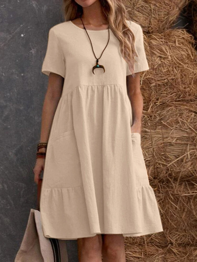 Modegeist Damenkleid: lässig, kurzärmelig, Doppelrüsche, Taschen