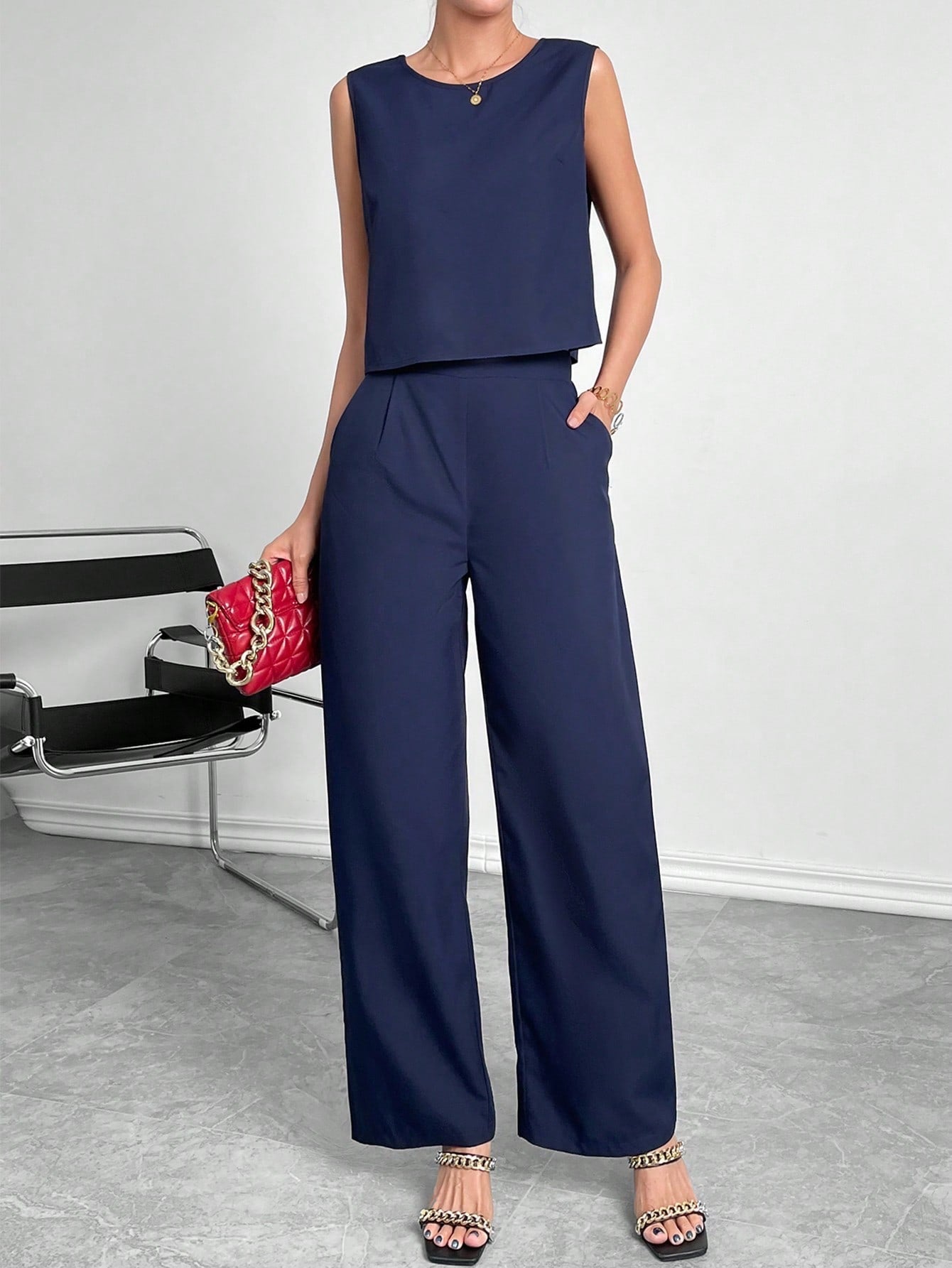 Damen Zweiteiler Set mit modernem Oberteil und weitem Hose ModeGeist