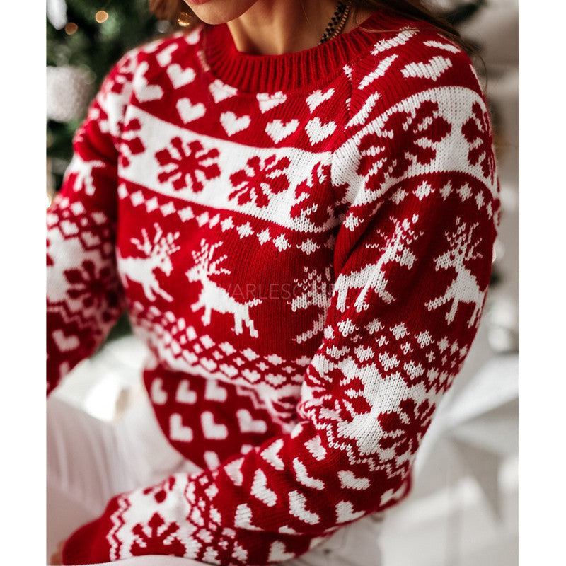 Damen Strickpullover mit weihnachtlichem Muster und Rundhalsausschnitt ModeGeist