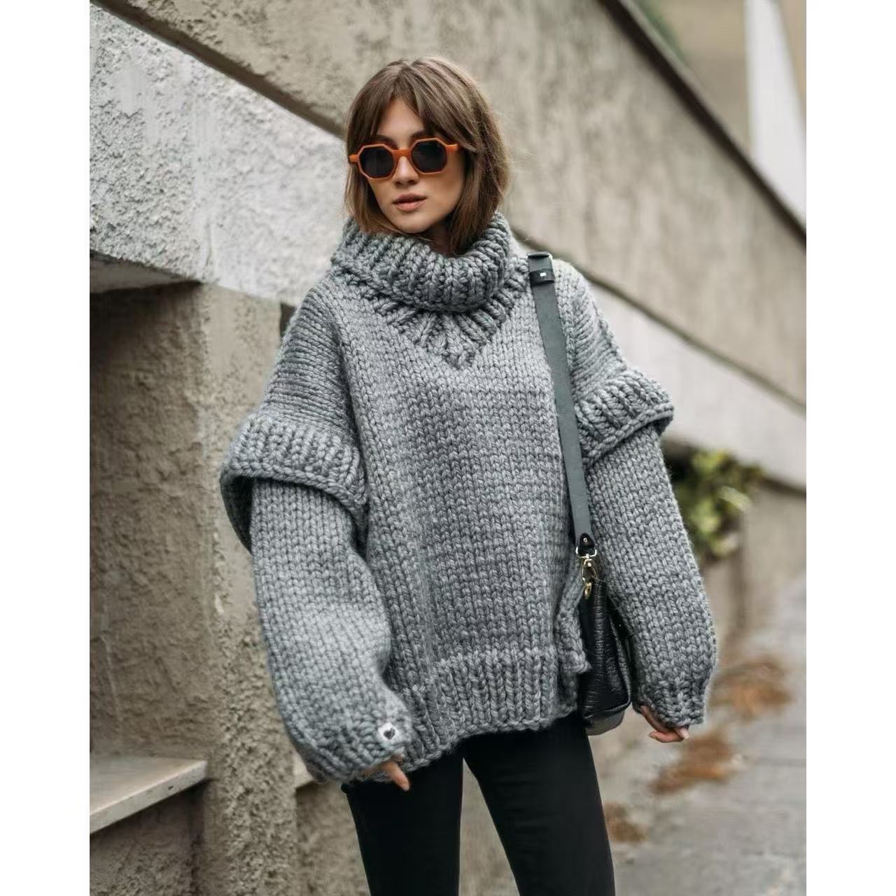 Damen Oversized Strickpullover mit hohem Kragen und voluminösen Ärmeln ModeGeist