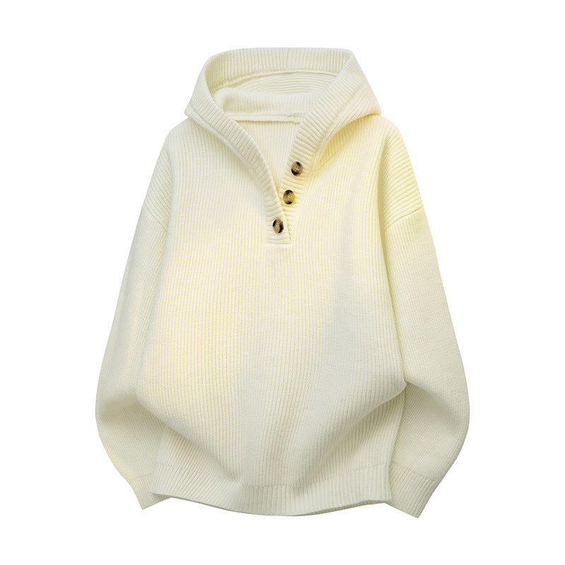 Damen Strickpullover mit halbem Reißverschluss und dekorativen Holzknöpfen ModeGeist