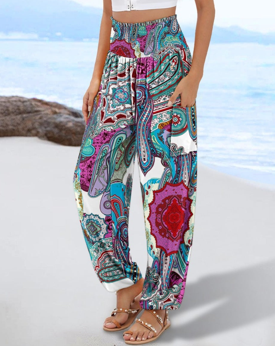 Elegante, bequeme Damen-Strandhose mit elastischem Bund und Paisley-Muster von MODEGEIST