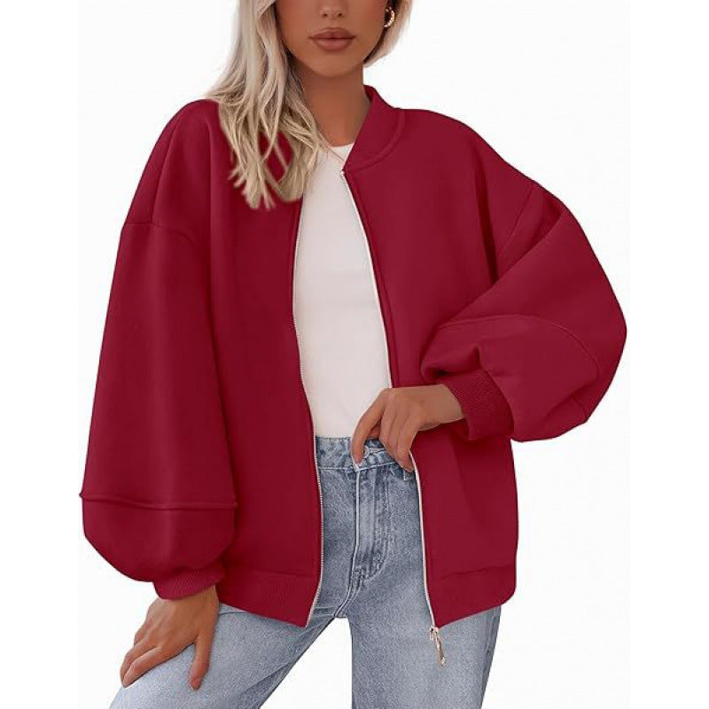 Damen lässige Oversized-Jacke mit Reißverschluss und ballonen Ärmeln ModeGeist