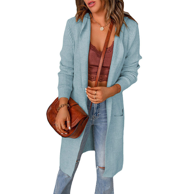 Damen lange Strickjacke mit offenen Kanten und Taschen ModeGeist