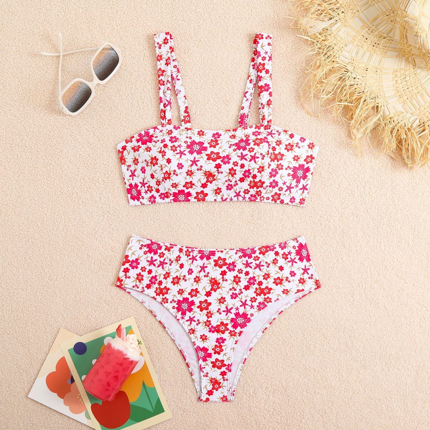 Modischer Damen-Bikini mit Blumenmuster, hoch tailliert, MODEGEIST 1750313555