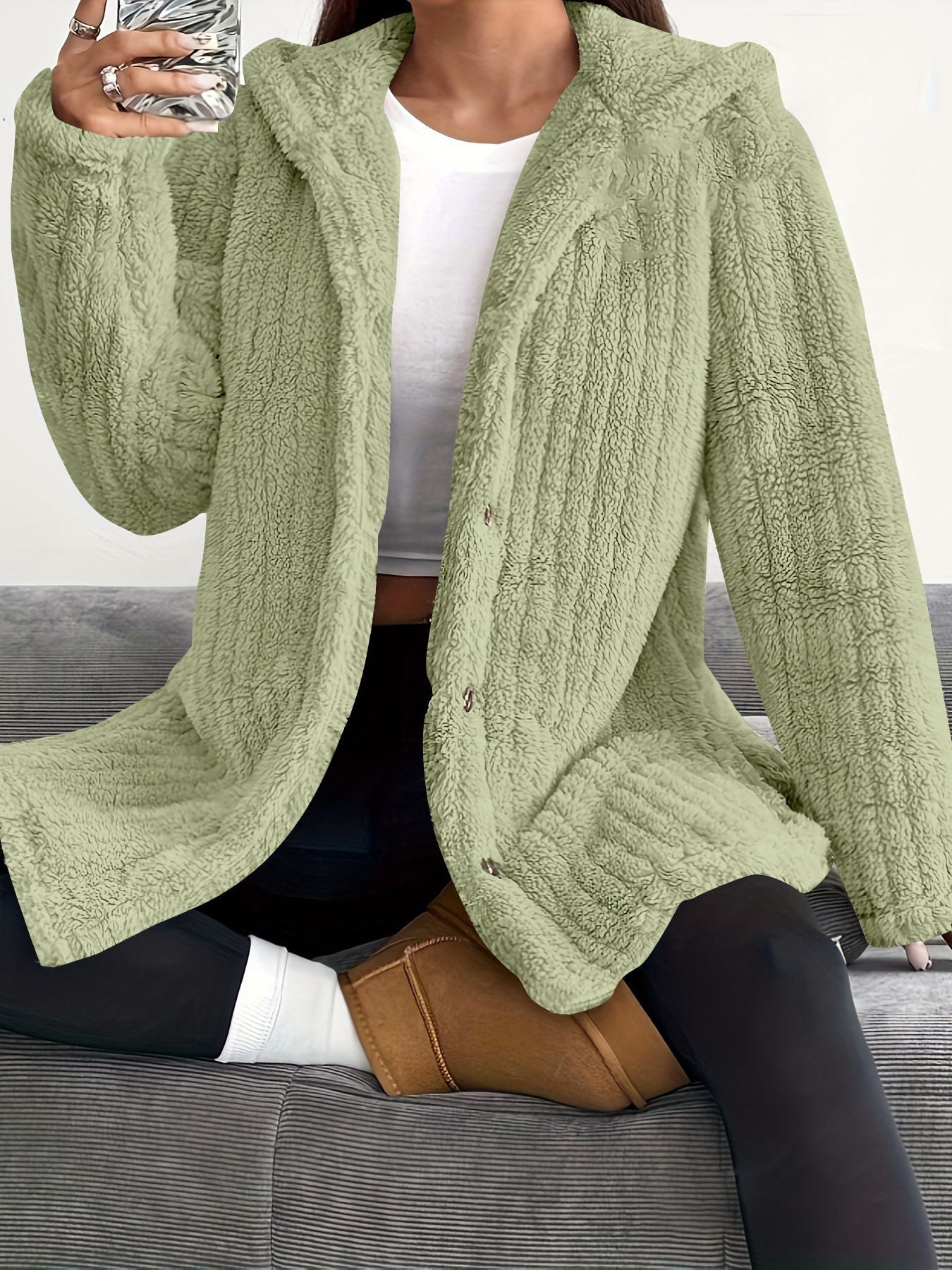 MODEGEIST Damen Kapuzen-Cardigan Lange Ärmel Vordertaschen Winter