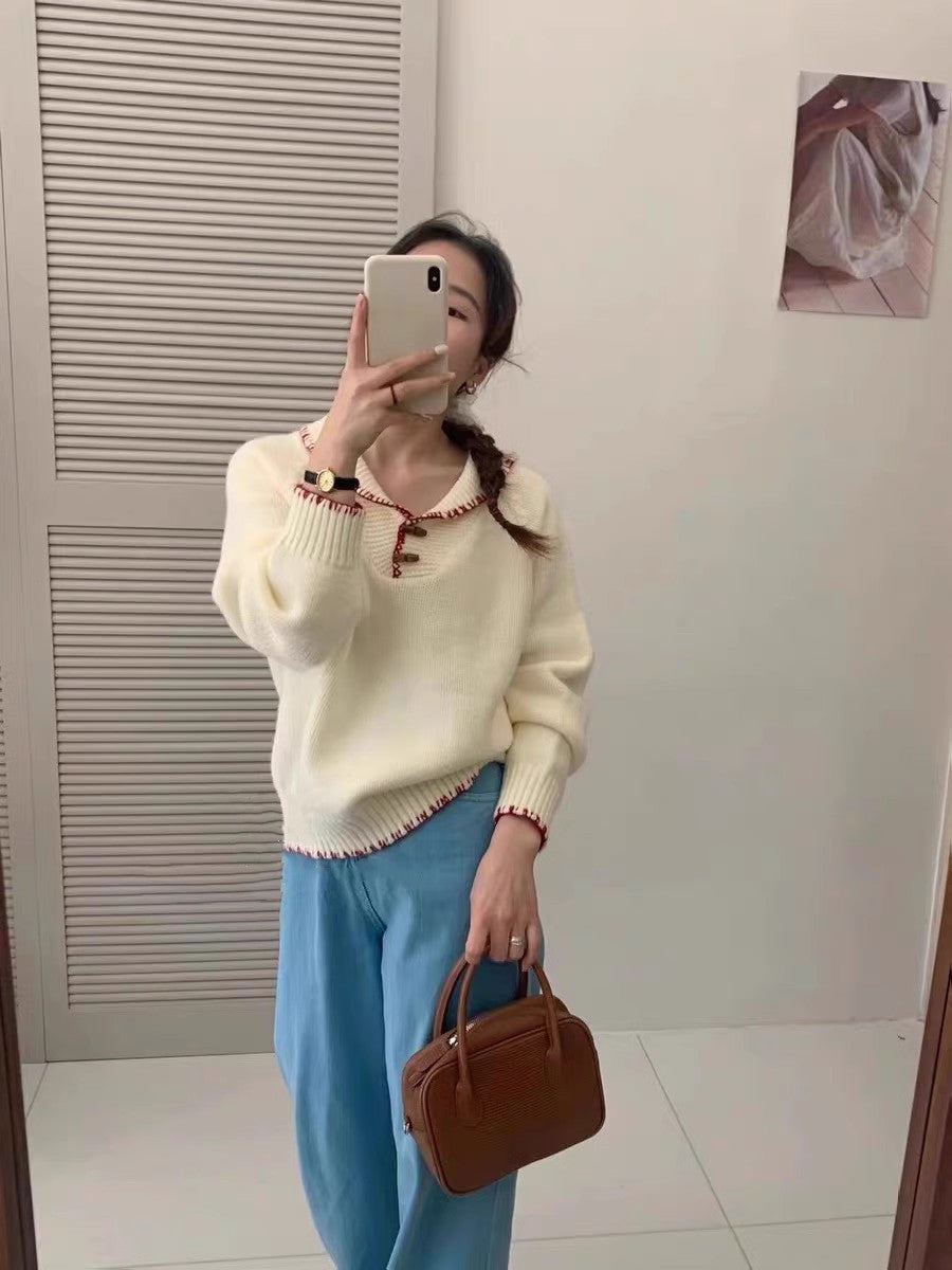 Damen lässiger Strickpullover mit einzigartigem Knopfdesign und Kontrastdetails ModeGeist