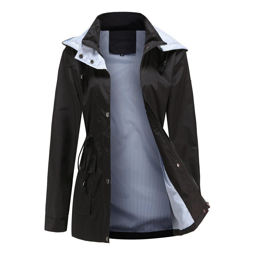 Damen Wetterfeste Regenjacke mit verstellbarem Kapuzenkragen und Taillenzug ModeGeist