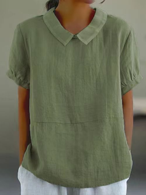 Leinenbluse für Damen: lässiger Schnitt, klassischer Kragen, halbe Ärmel, MODEGEIST