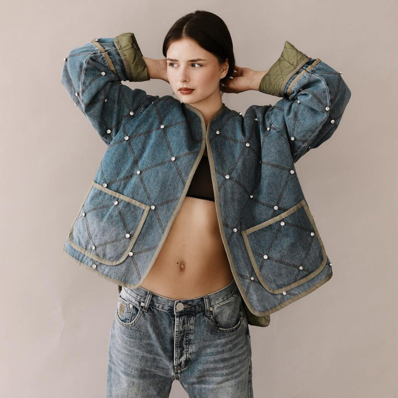 Damen modische denim Jacke mit Diamantsteppung ModeGeist