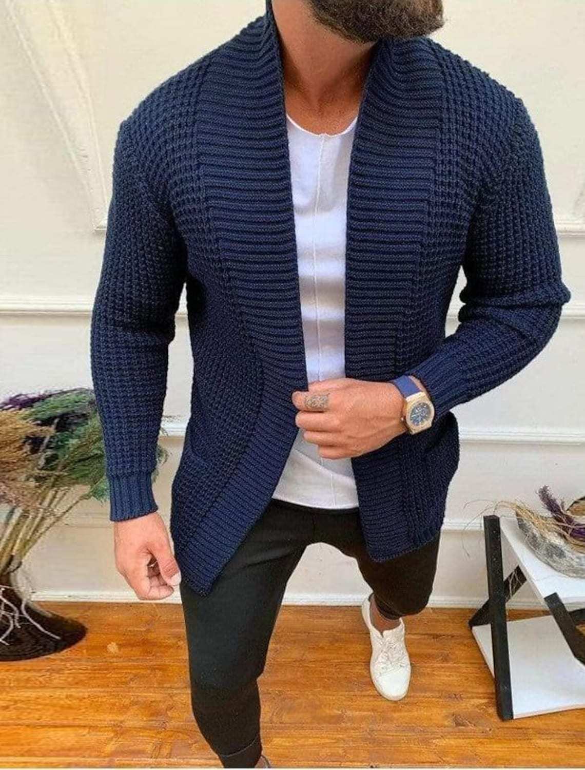 Herren Grobe Strickjacke mit offenem Design und tiefem Kragen ModeGeist