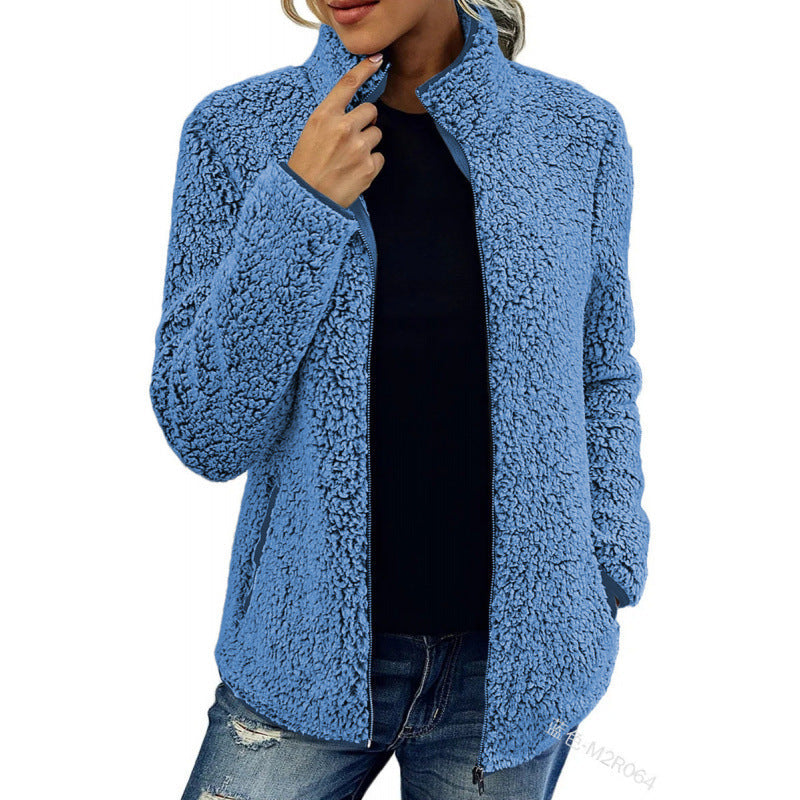 Damen flauschige Fleecejacke mit hohem Kragen und seitlichen Taschen ModeGeist