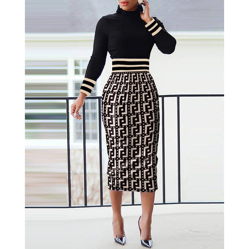 Figurbetontes Kleid für Damen mit Stehkragen und geometrischem Muster von MODEGEIST