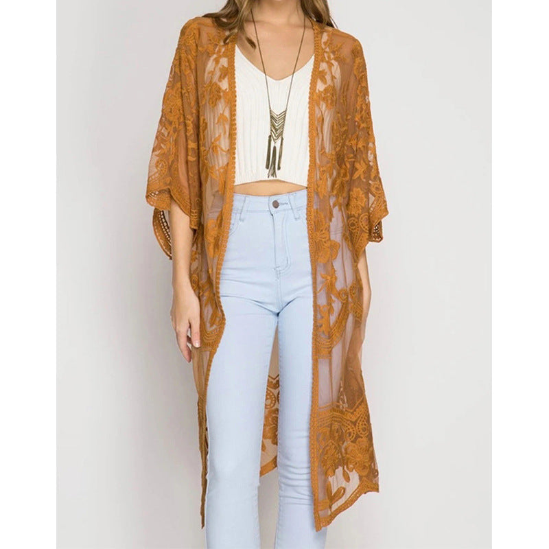 Modischer Damen-Crochet-Kimono mit luftigem Schnitt und Blumenmuster