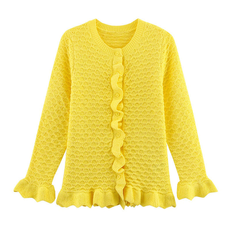 Damen Strickjacke mit Rüschendetails und Knopfleiste ModeGeist