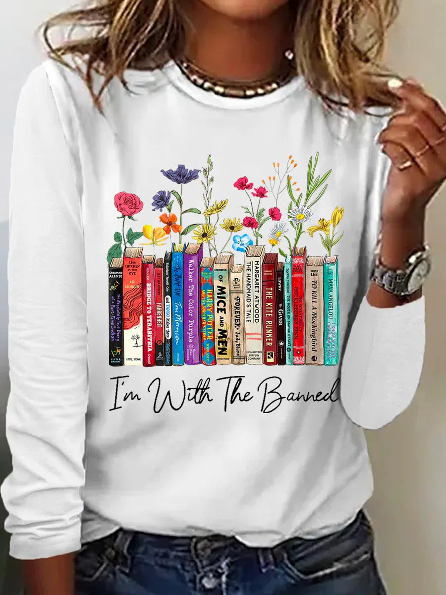 Damen Langarmshirt mit Bücher- und Blumenmotiv ModeGeist
