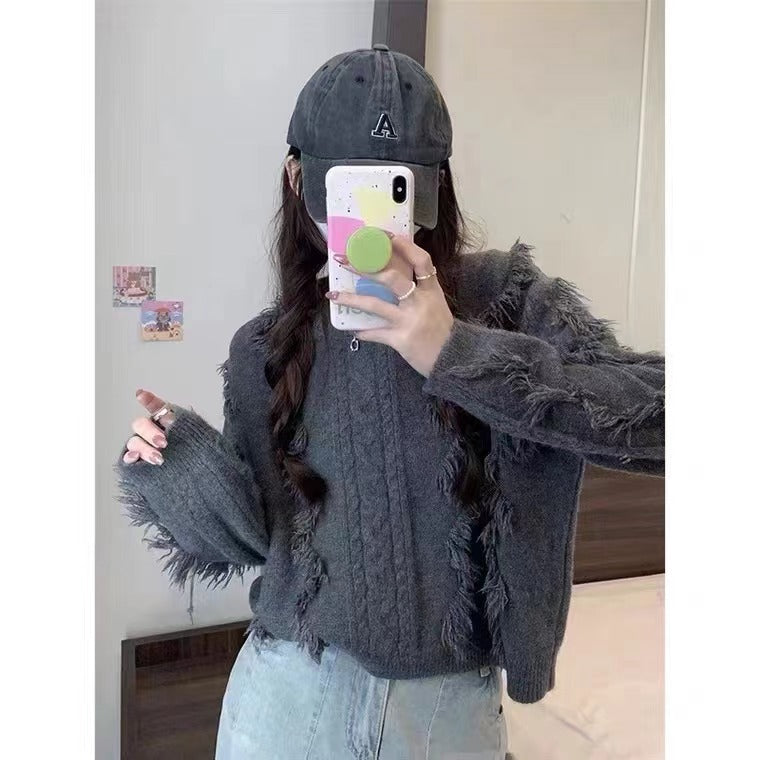Damen Grobstrickpullover mit fransigen Details und lässigem Schnitt ModeGeist