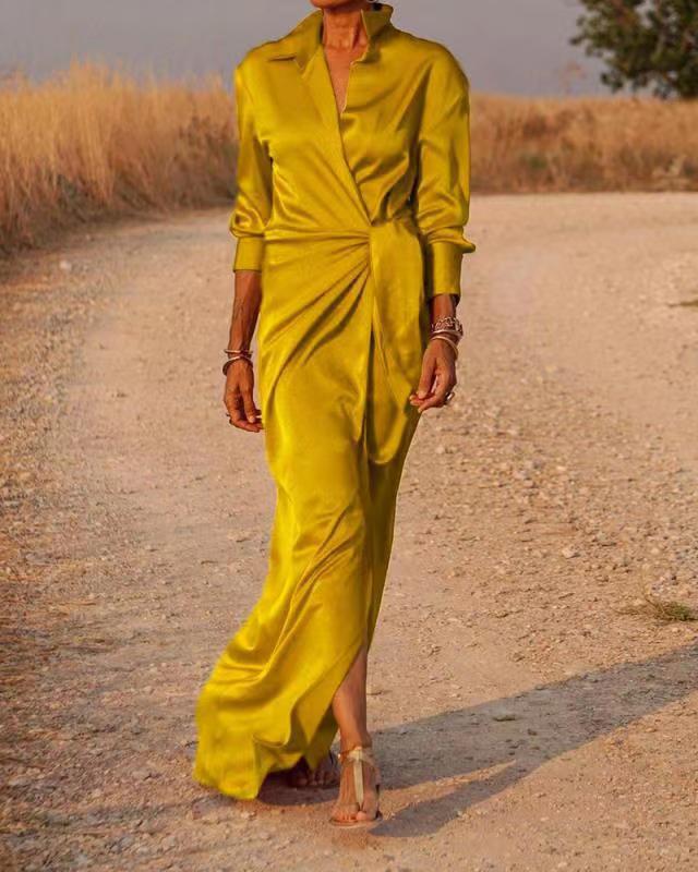 Damen Elegantes Wickel-Maxi-Kleid mit vielseitigem Kragen und seitlichem Schlitz ModeGeist