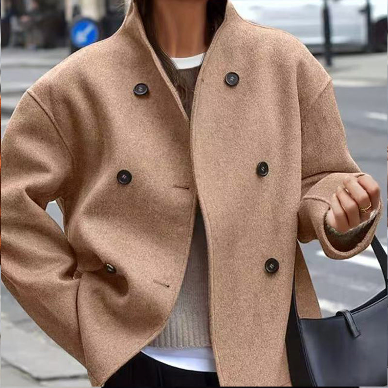 Damen modische Wolljacke mit doppelter Knopfleiste und hohen Kragen ModeGeist