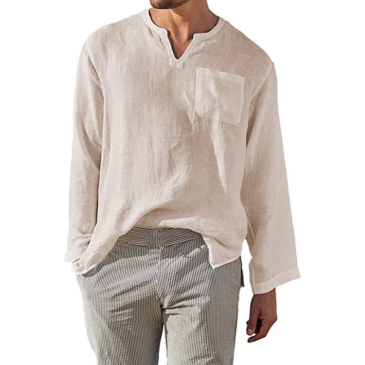 Herren Leinen Langarmshirt mit Henley-Ausschnitt und Brusttasche ModeGeist
