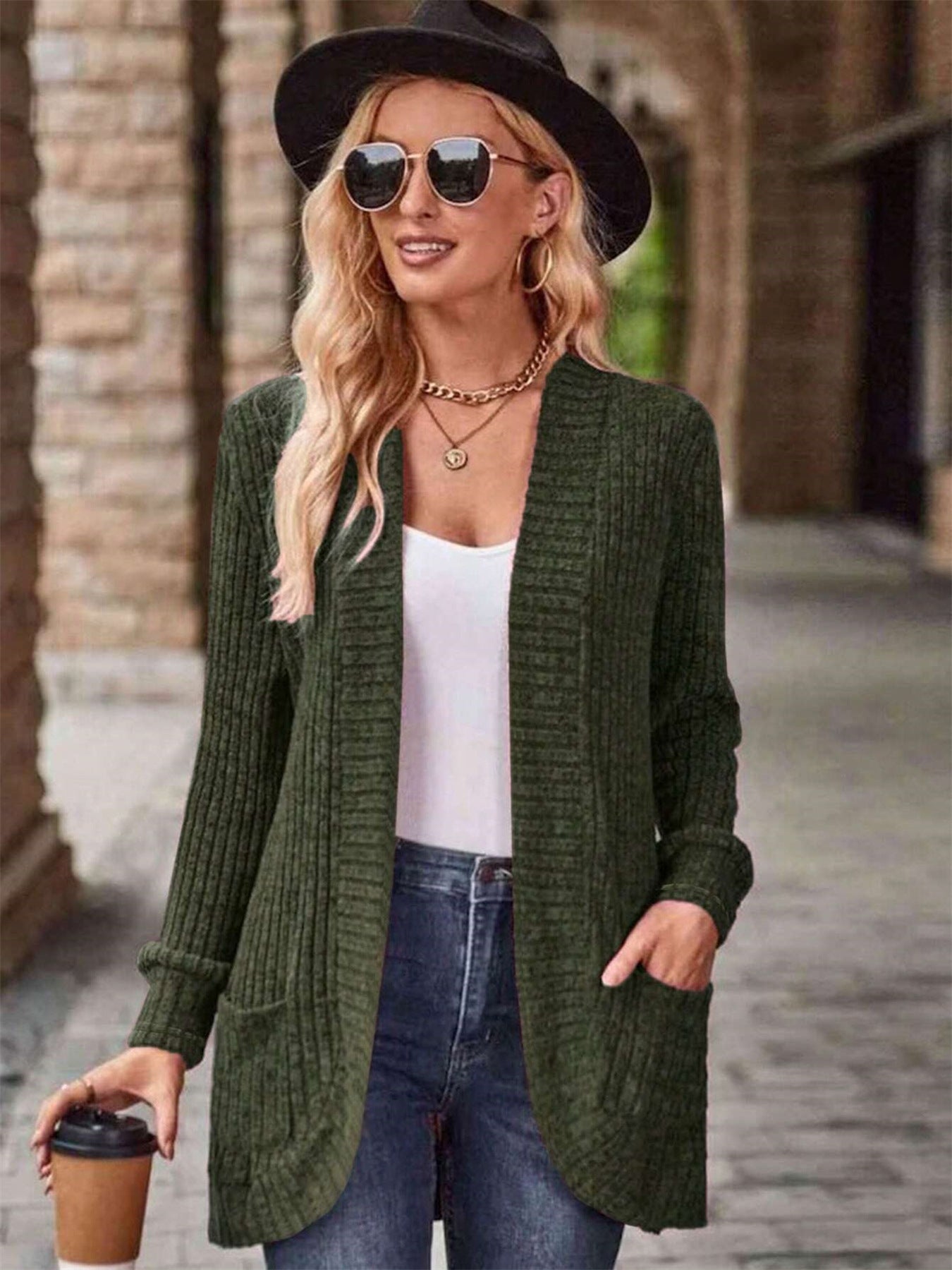 Damen offene Strickjacke mit strukturierter Oberfläche und praktischen Taschen ModeGeist
