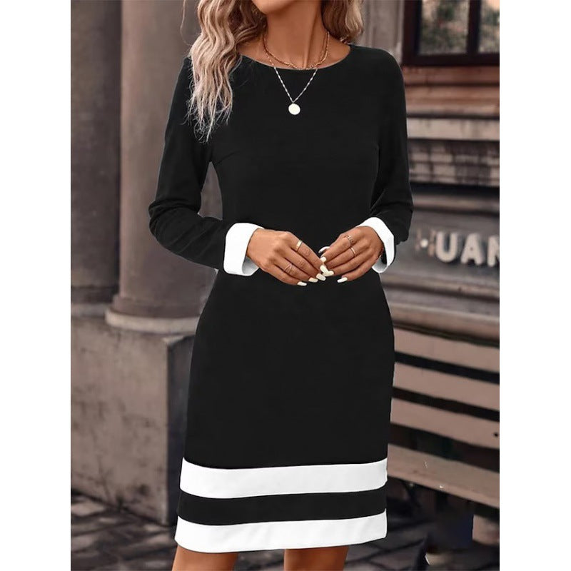 Damen Elegantes Kleid mit kontrastierenden Ärmelabschlüssen und Saum ModeGeist
