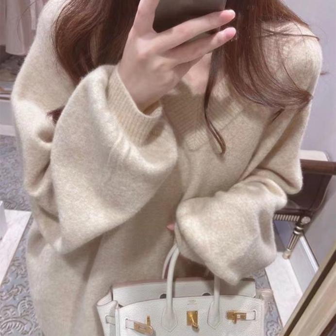 Damen Grobstrickpullover mit tiefem V-Ausschnitt und voluminösen Ärmeln ModeGeist