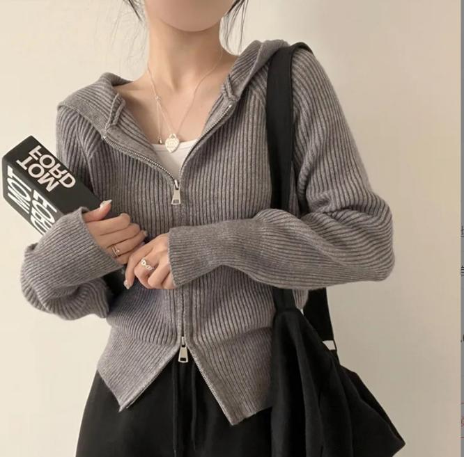 Damen lässige Strickjacke mit Kapuze und Reißverschluss ModeGeist