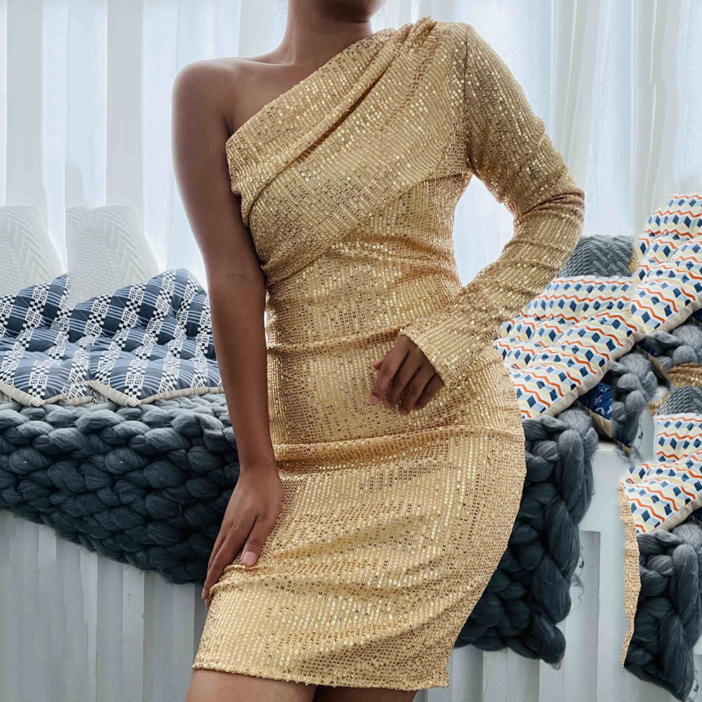 Damen Glitzerndes Midikleid mit asymmetrischem Schnitt und elegantem Raffung ModeGeist