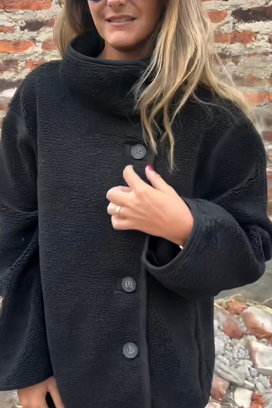 ModeGeist | Unregelmäßige Knopfhals Hohe Kragen Fleecejacke