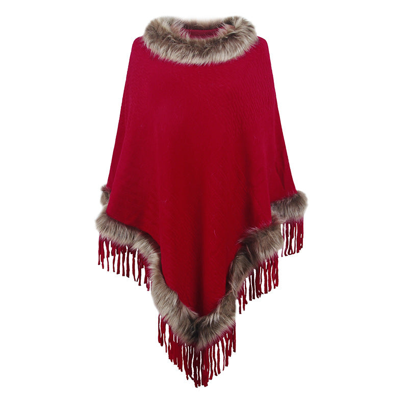 Damen eleganter Poncho mit luxuriösem Kunstfellkragen und dekadenten Fransen ModeGeist