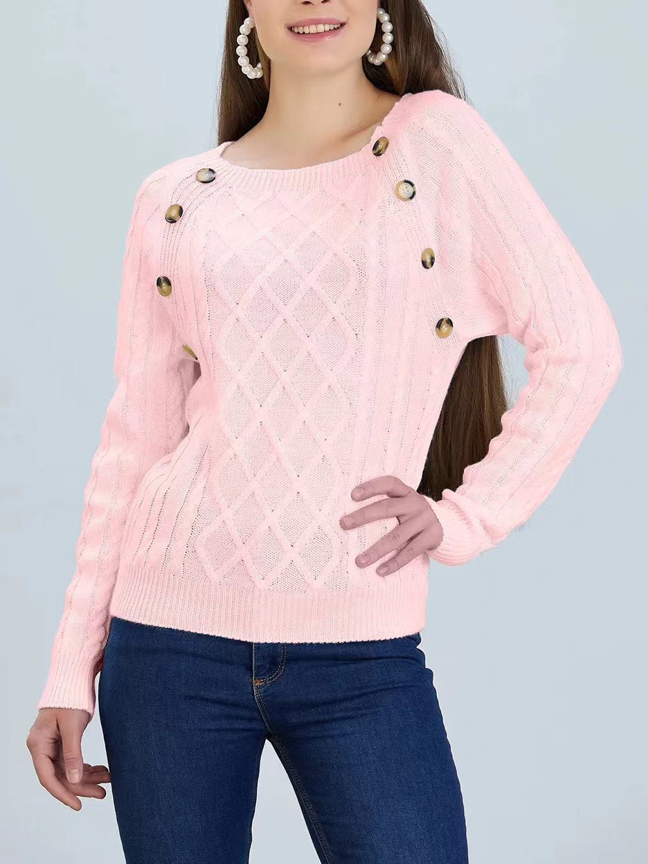 Damen Strickpullover mit klassischem Rautenmuster und dekorativen Knöpfen ModeGeist