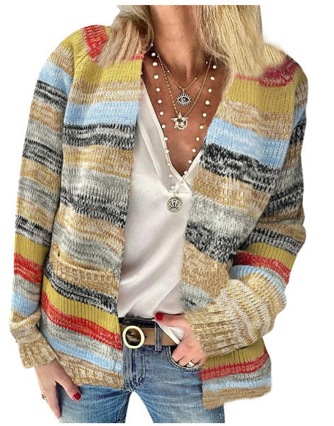 Damen Offen gestrickte Cardigan mit bunten Streifen und lässigem Schnitt ModeGeist