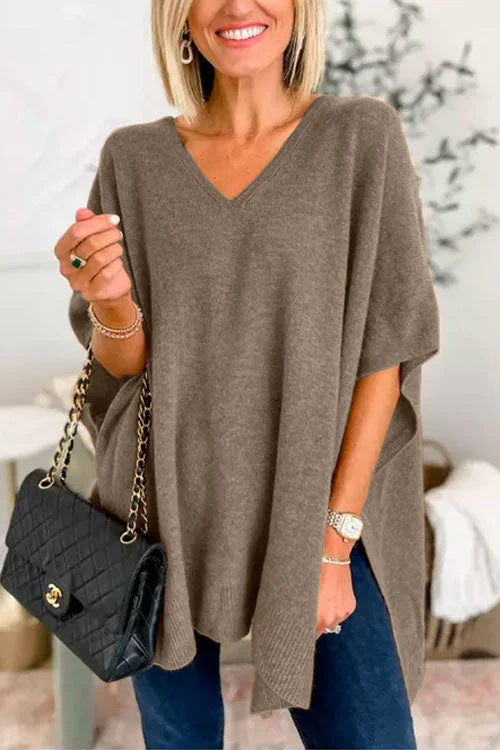 Damen lässiger Strickponcho mit V-Ausschnitt und überschnittenen Ärmeln ModeGeist