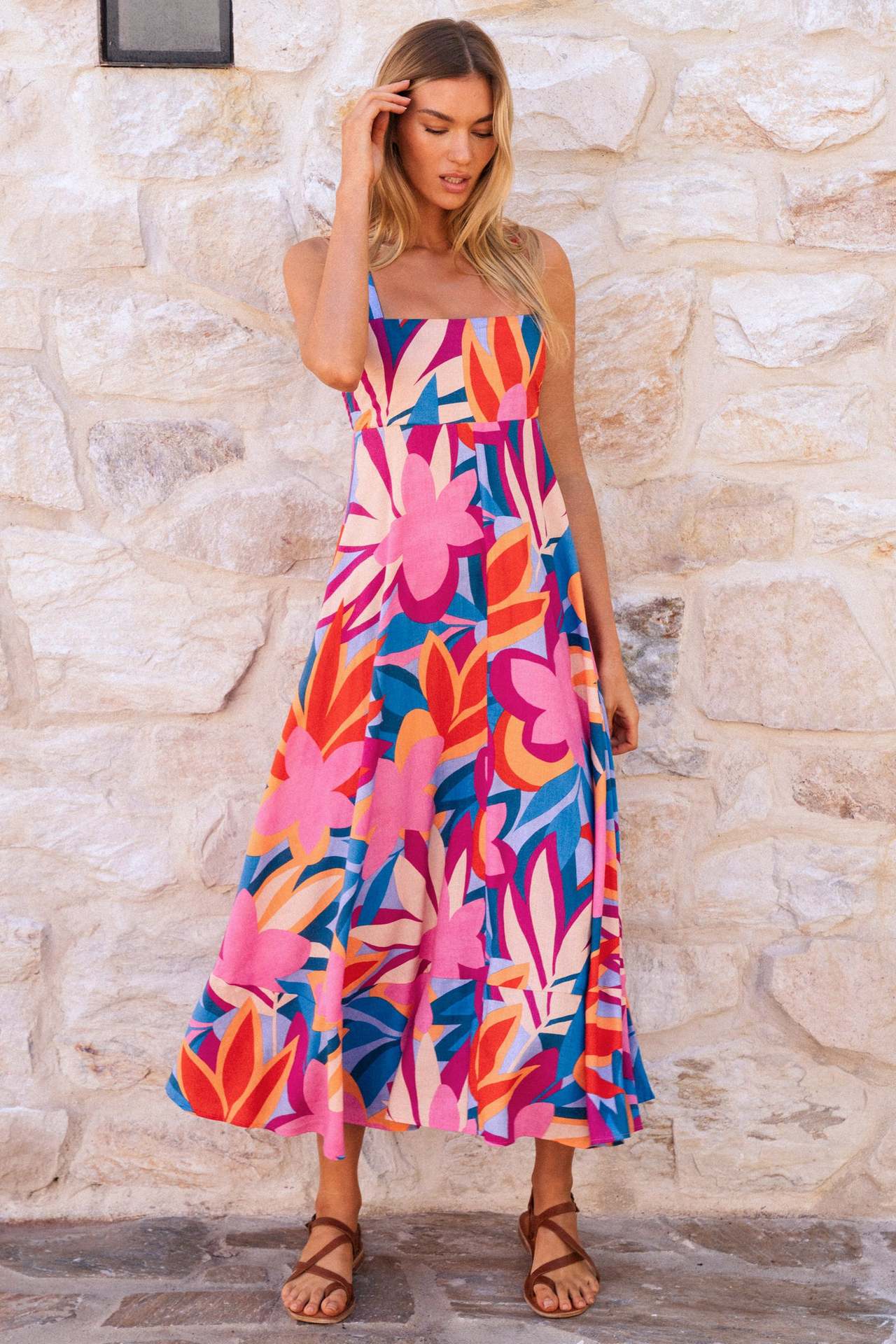 Damen Maxikleid mit Blumenmuster und verstellbaren Spaghettiträgern ModeGeist