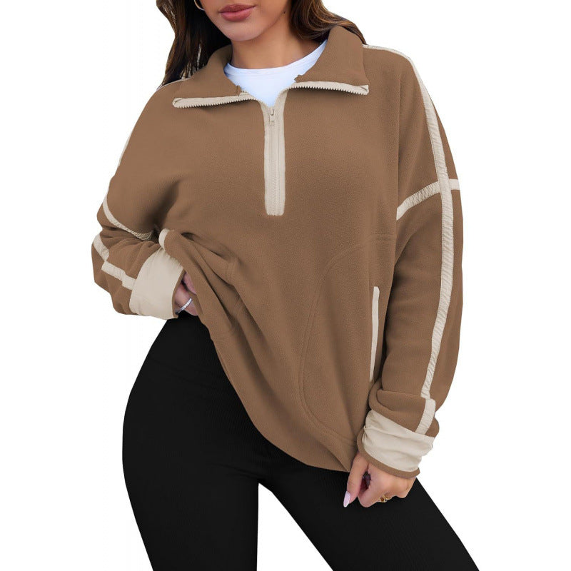 Damen Fleecpullover mit halbem Reißverschluss und kontrastierenden Ärmeln ModeGeist
