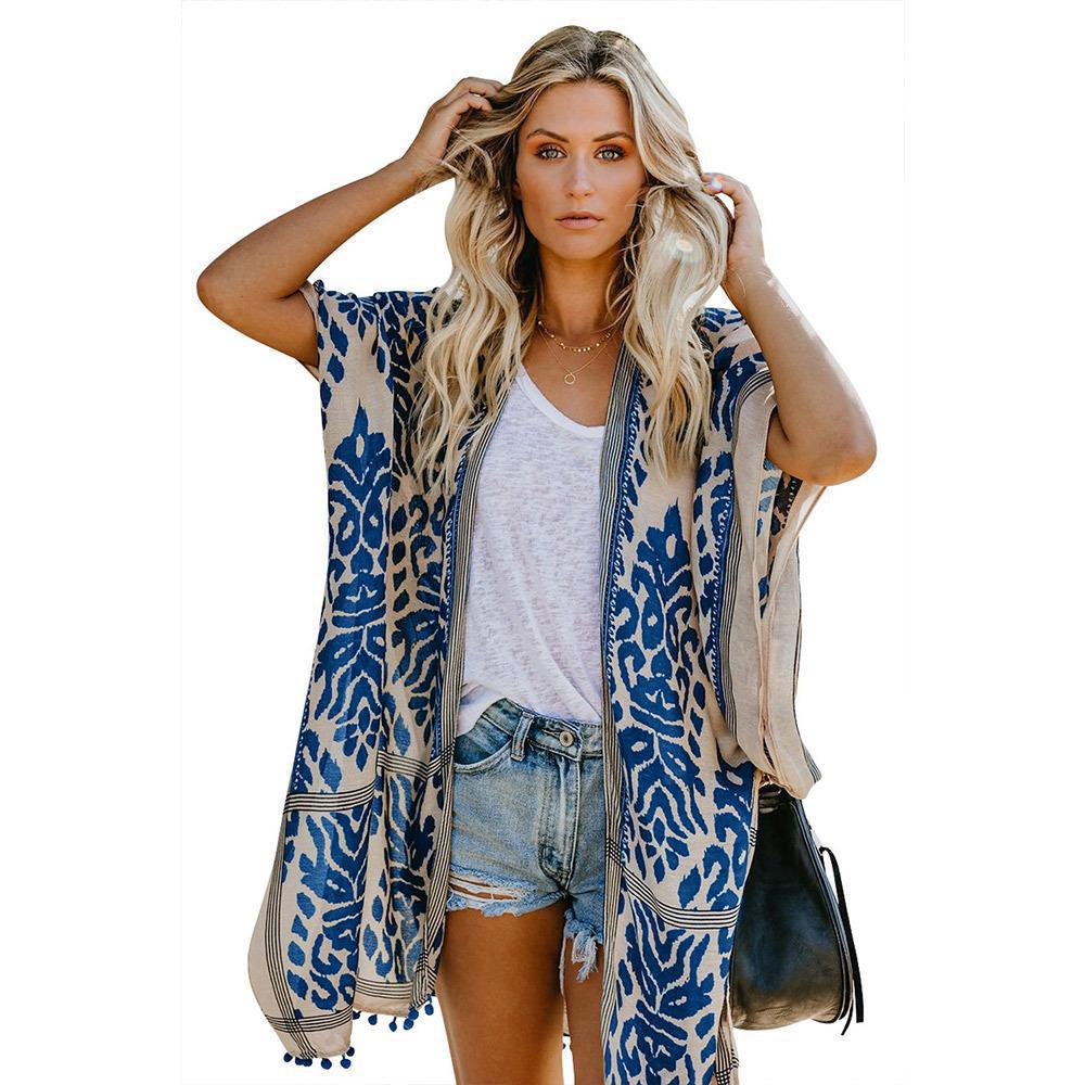 Damen Luftige Kimono-Cardigan mit aufwändigem Muster und fransenbesetzten Saum ModeGeist