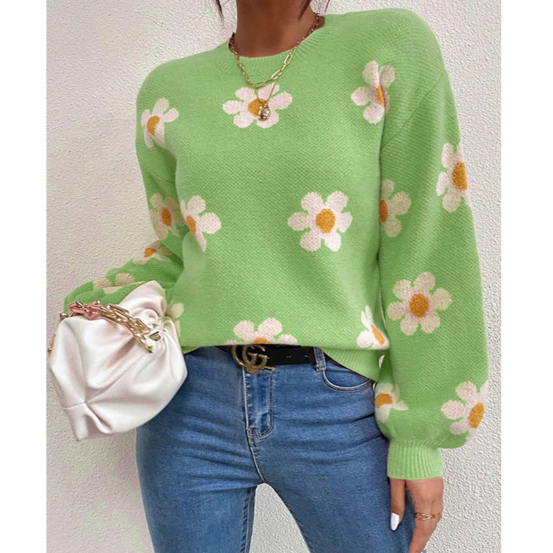 Damen Pullover mit floralem Muster und voluminösen Ärmeln ModeGeist