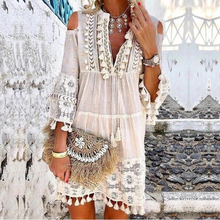 Off-Shoulder Boho Tunic for Women with Lace Details by MODEGEIST