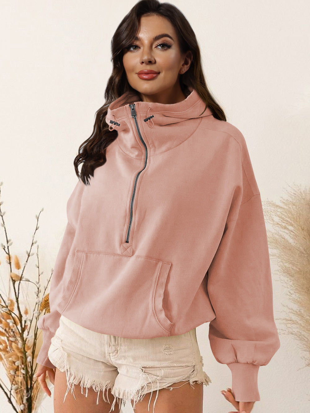 Damen lässiger Kapuzensweater mit halbem Reißverschluss ModeGeist