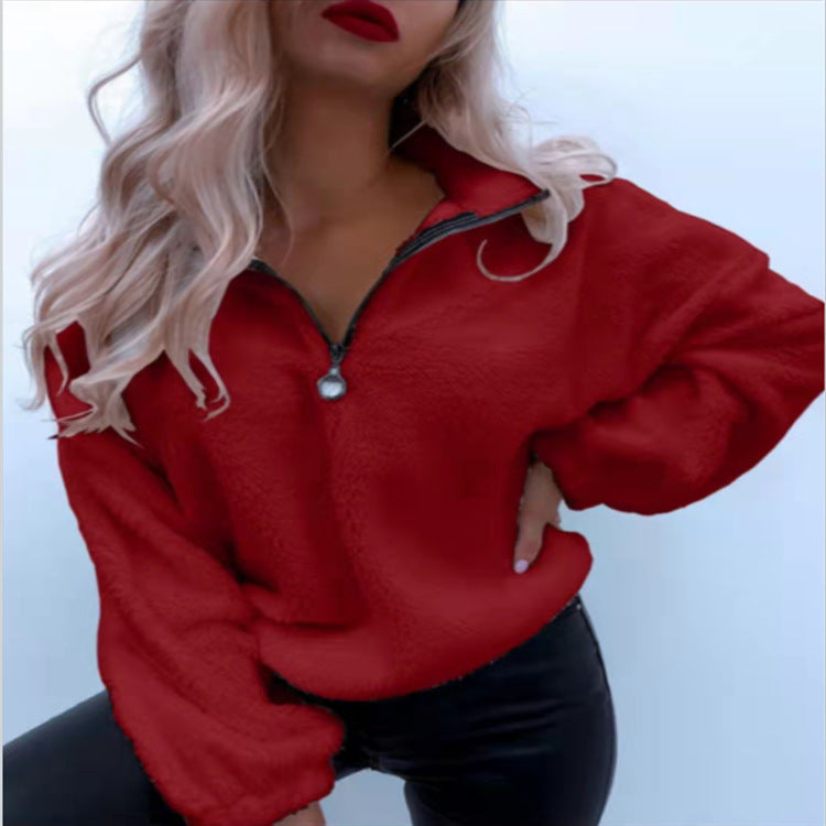 Modischer Damen-Fleecepullover mit kurzem Reißverschluss und weichem Teddyfleece