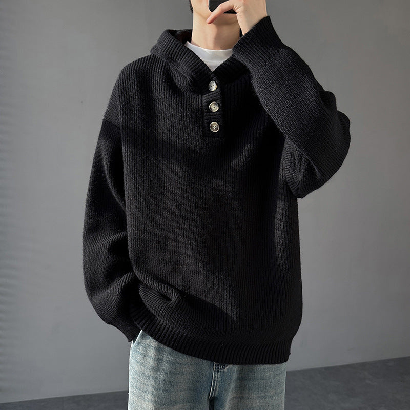 Herren Strickpullover mit Knopfleiste und Kapuze ModeGeist